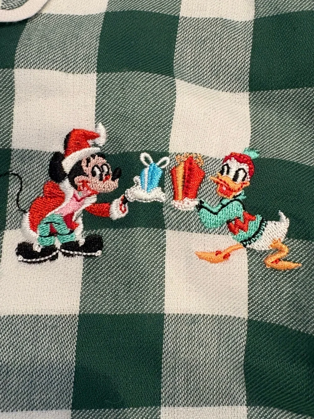 Disney Green/White Check Plaid Kids Pajamas Embroidered Mickey Mouse Donald Duck